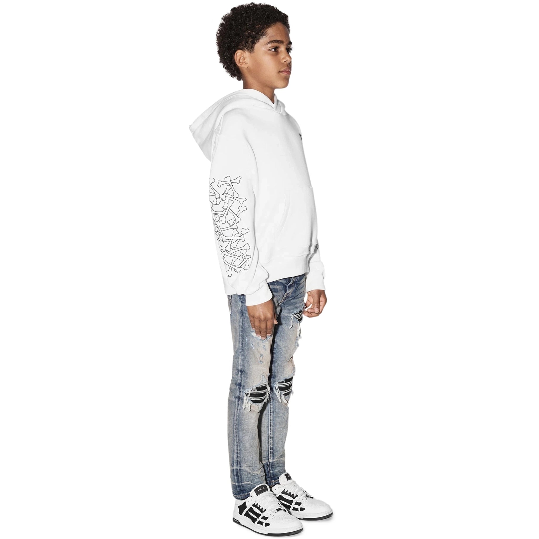 Model side view of Amiri Kids Bones White Hoodie PF22KJL008-100